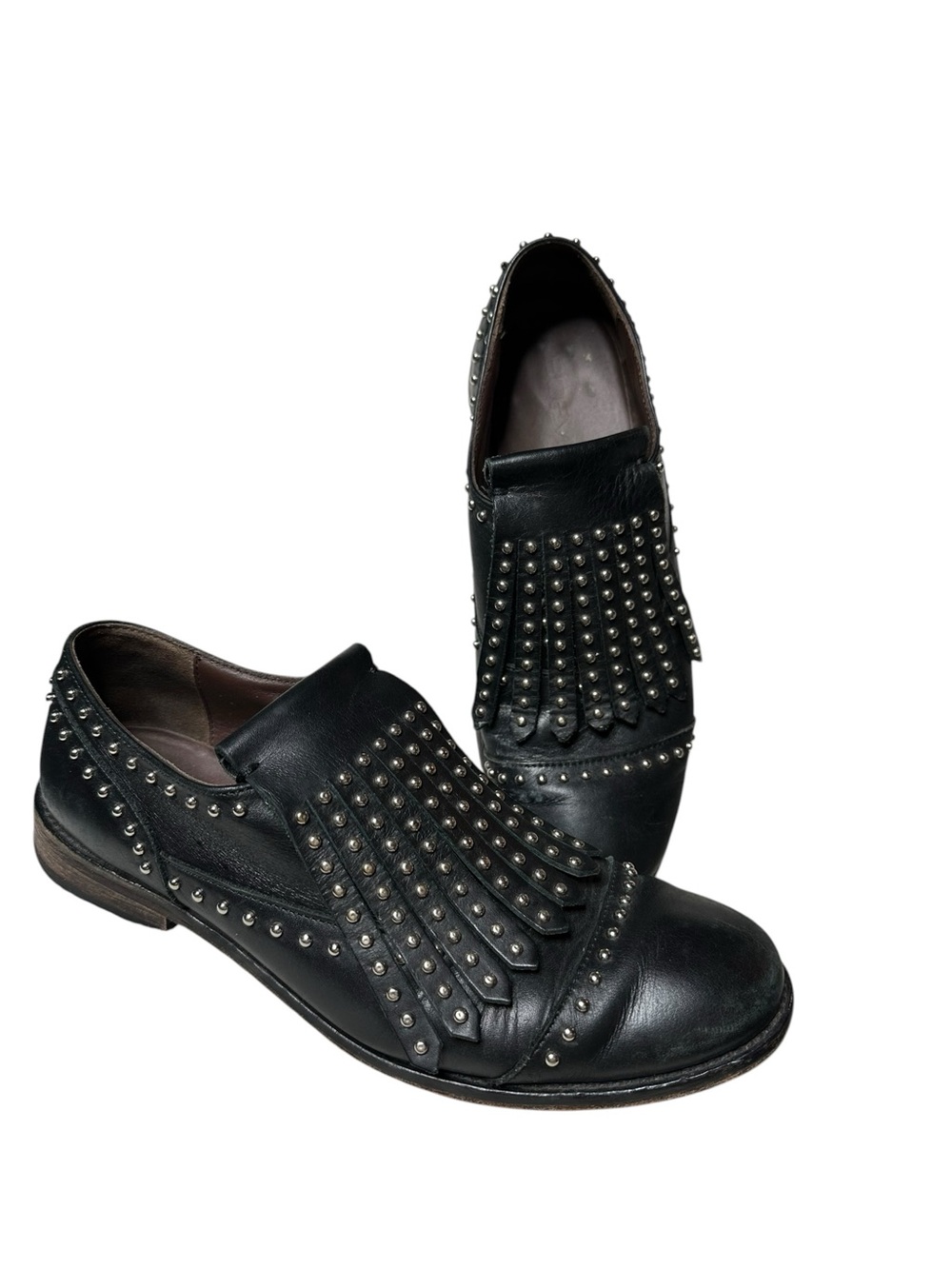 Boemos Italy Leather Studded Kiltie Fringe Loafers Oxfords Black Slip On 39